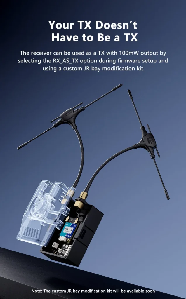 Receptor GEPRC ELRS 915M/2.4G Gemini Xrossband 7 Antenas conectadas al receptor GEPRC ELRS 915M/2.4G en configuración dual band activa