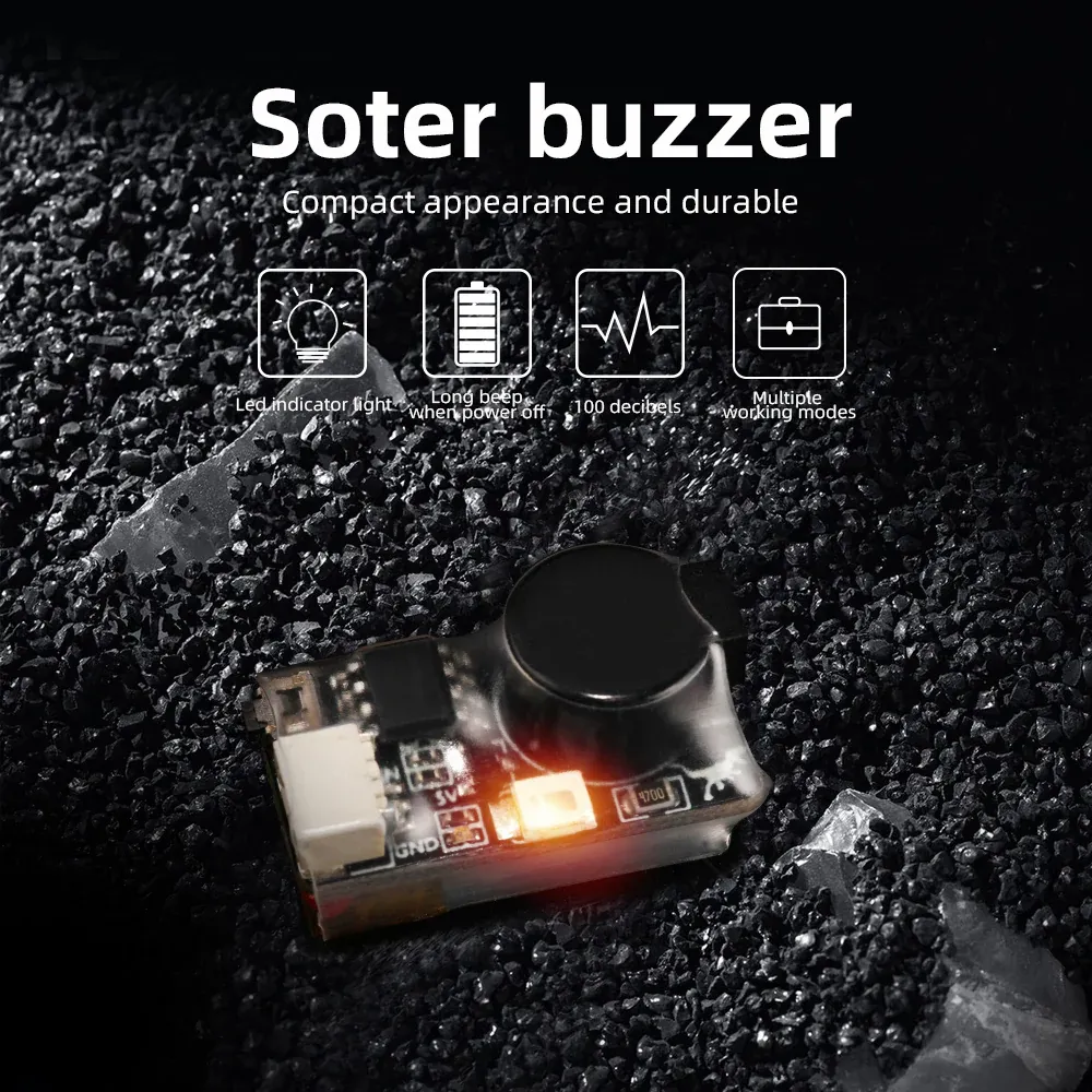 HGLRC Soter FPV Drone Buzzer Beeper 7 HGLRC Soter FPV Drone Buzzer Beeper instalado en dron FPV con LED encendido y alarma activa