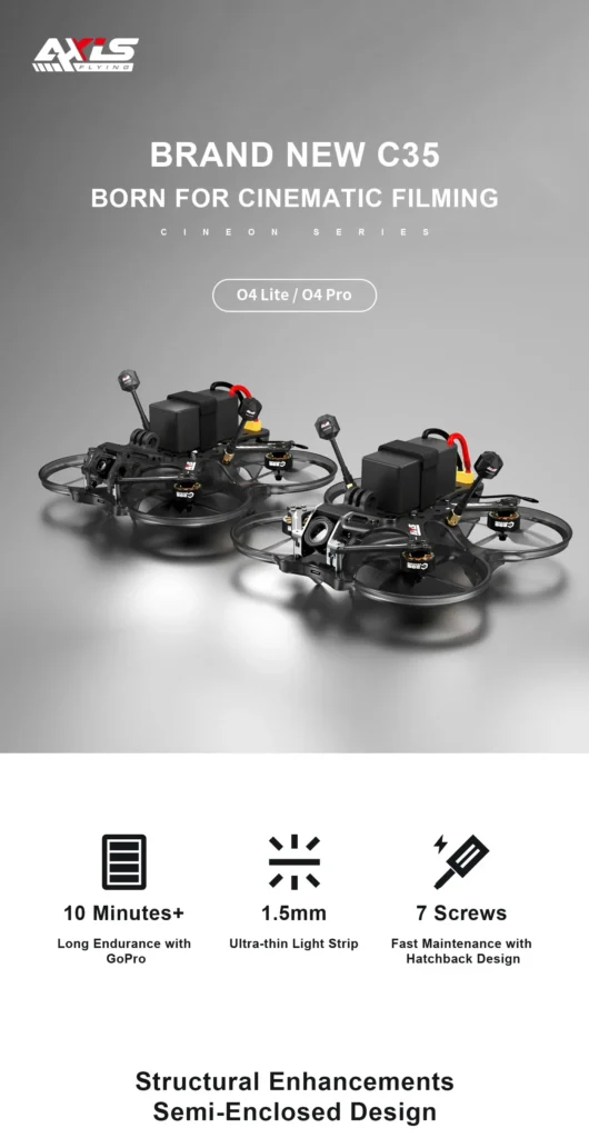 Axisflying Cineon C35 V3 O4 PRO GPS 4 Drone Axisflying Cineon C35 V3 O4 PRO GPS en vista superior con estructura de fibra de carbono y antenas simétricas.