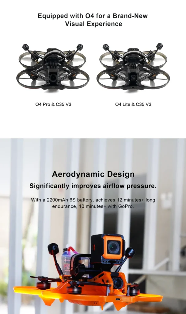 Axisflying Cineon C35 V3 O4 PRO GPS 6 Vista lateral del Axisflying Cineon C35 V3 O4 PRO GPS mostrando el diseño aerodinámico y cámara GoPro montada.