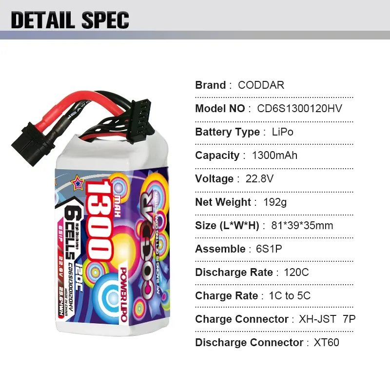 Batería Coddar LiPo 1300mAh 6S 120C 5 Batería Coddar LiPo 1300mAh 6S 120C de alto rendimiento para drones y coches RC