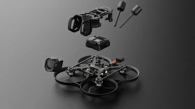 BetaFPV Pavo20 Pro O4 Pro PNP ELRS 2.4G 6 Vista del BetaFPV Pavo20 Pro O4 Pro PNP ELRS 2.4G con bracket para DJI O4 Air Unit Pro instalado, sin VTX incluido.