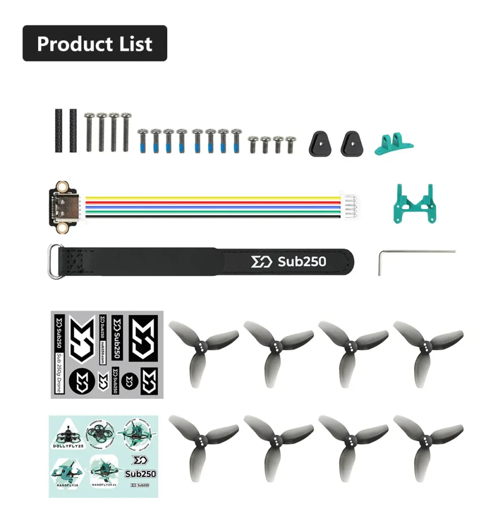 Contenido del Sub250 Oasisfly30 O4 Pro Freestyle ELRS 2.4G: drone armado, receptor ELRS, VTX DJI O4, motores 1404KV, hélices y accesorios