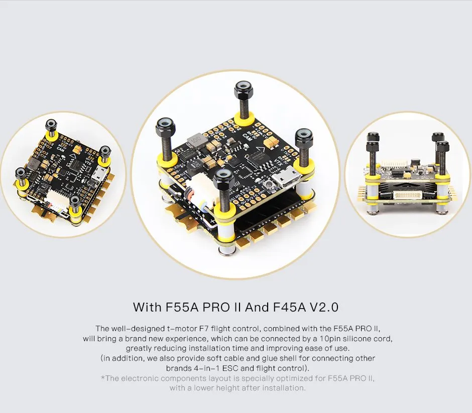 T-MOTOR COMBO F7 HD FC + F55A PRO II Stack 6 Vista superior del T-MOTOR COMBO F7 HD FC + F55A PRO II Stack con cableado y disipador incluidos