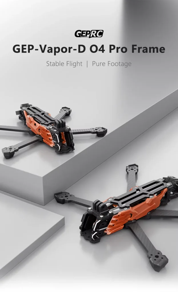 Frame GEPRC Vapor-D5 O4 Pro 7 Frame GEPRC Vapor-D5 O4 Pro montado con DJI O4 Air Unit, vista lateral destacando brazos de carbono y diseño Deadcat.