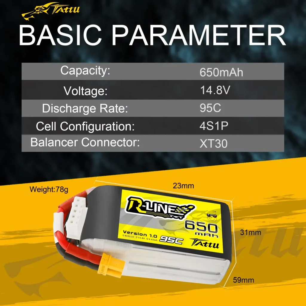 Batería LiPo TATTU R-Line 4S 650mAh 95C vista frontal – ideal para drones FPV de carreras y freestyle