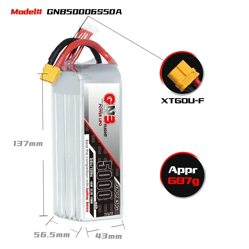 GNB Batería LiPo 6S 5000mAh 50C XT60 4 GNB Batería LiPo 6S 5000mAh 50C XT60 para drones FPV, jets EDF y helicópteros RC