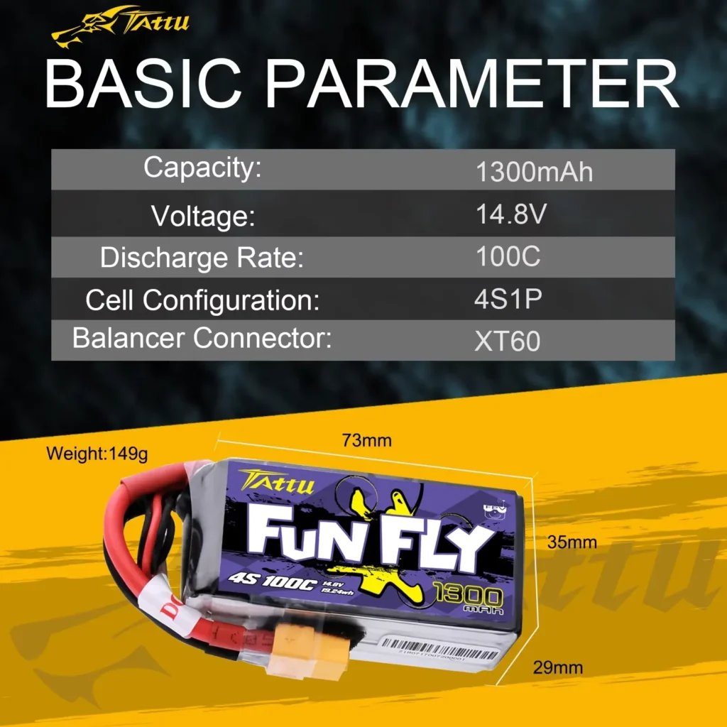 Batería Tattu LiPo FunFly 100C 1300mAh 4S 3 Batería Tattu LiPo FunFly 100C 1300mAh 4S con conector XT60 para drones FPV.