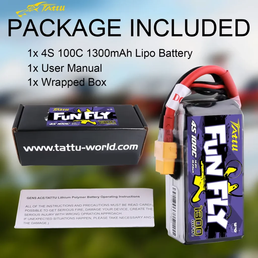 Batería Tattu LiPo FunFly 100C 1300mAh 4S instalada en dron de carreras FPV.