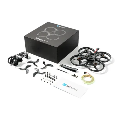 BetaFPV Pavo20 Pro O4 Pro PNP ELRS 2.4G Cinewhoop 8 Contenido completo del paquete del BetaFPV Pavo20 Pro O4 Pro PNP ELRS 2.4G con quadcopter, soporte O4 Pro, hélices Gemfan, LED Strip, adaptador PCBA y cable de 4 pines.