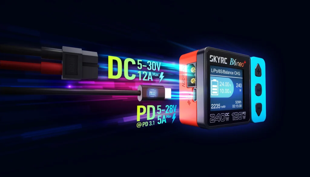Cargador SKYRC B6neo+ 4 Cargador SKYRC B6neo+ ultra compacto con potencia de 240 W DC, entrada PD 126 W y pantalla a color para baterías RC.