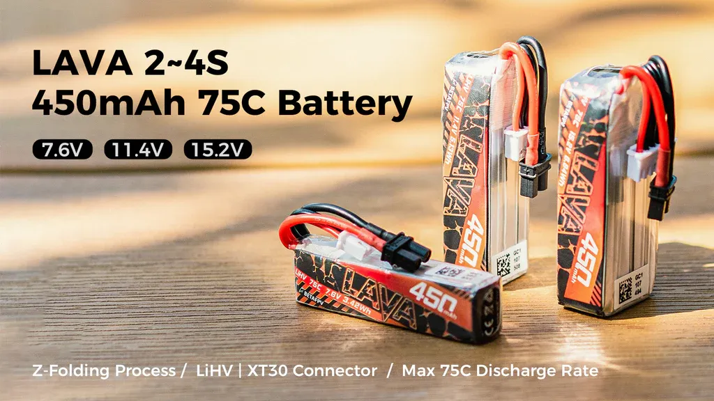 BetaFPV LAVA 3S 450mAh 75C (2PCS) 4 Pack de dos baterías BetaFPV LAVA 3S 450mAh 75C con tecnología Z-Folding y descarga 75C