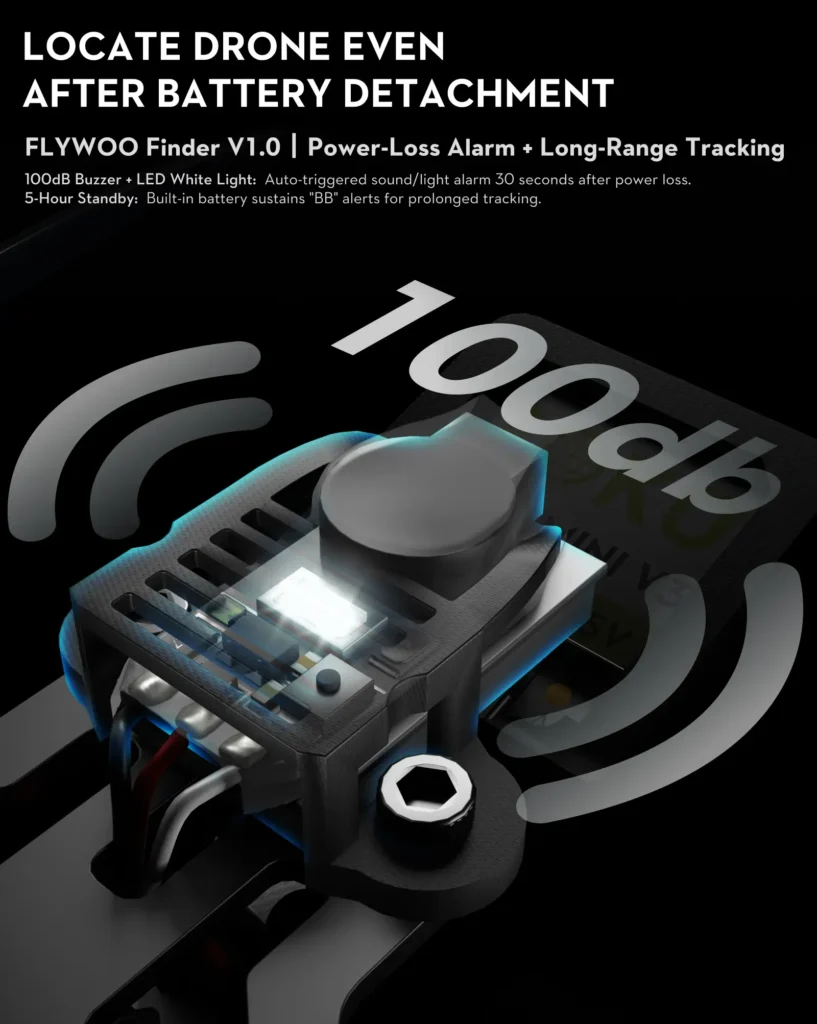 Flywoo Explorer LR 4 DJI O4 PRO Sub250 Micro Long Range Drone 2.4GHz ELRS equipado con Flywoo Finder V1.0, alarma sonora de 100 dB y luz LED para rastreo tras pérdida de energía.
