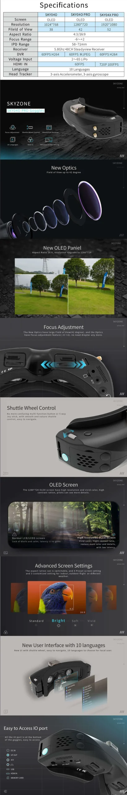 Gafas SKYZONE FPV SKY04O PRO 9 Primer plano de las Gafas SKYZONE FPV SKY04O PRO OLED destacando su diseño ergonómico, pantallas OLED 1280×720 y ópticas de 42° para una experiencia FPV inmersiva.