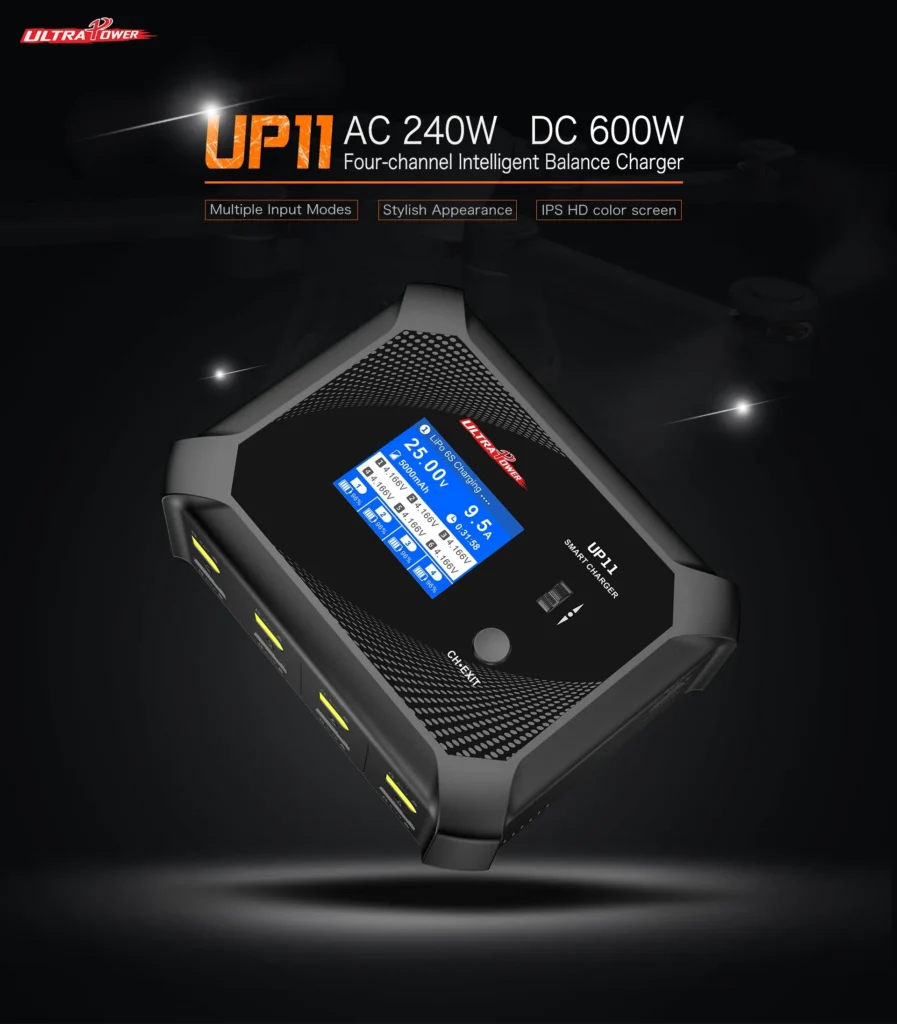 Cargador Ultra Power UP11 3 Cargador Ultra Power UP11 de 4 canales con pantalla IPS, ideal para baterías LiPo, LiHV, NiMH y Pb