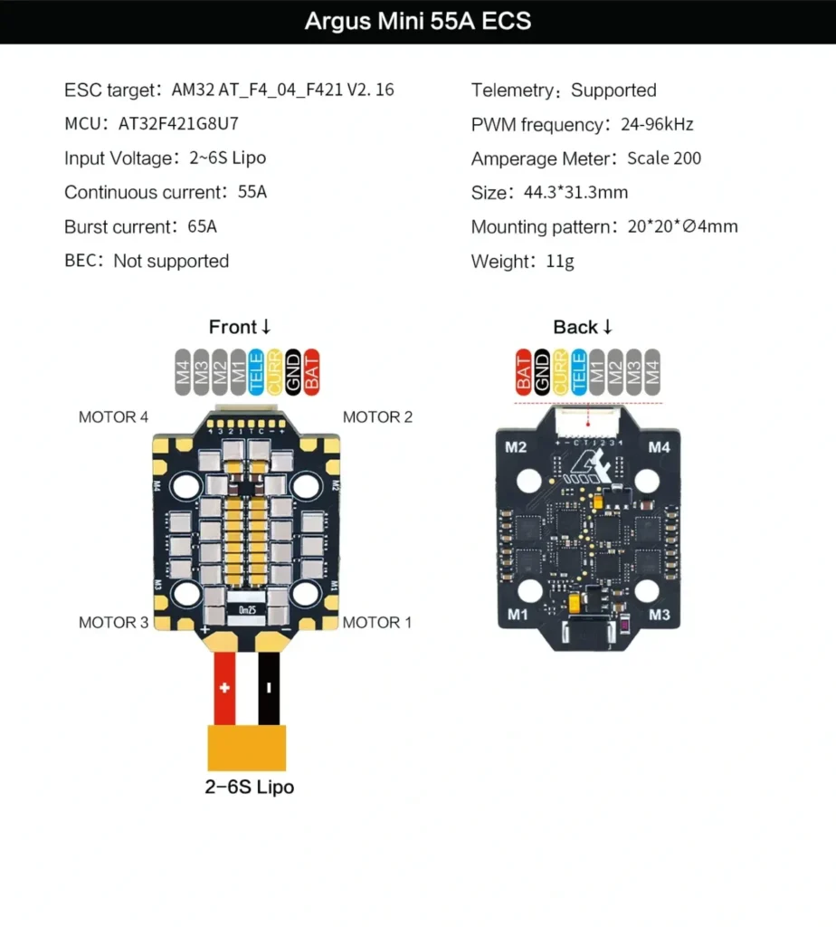 Konex H743 FC & Argus Mini 55A ESC: Stack 20x20 Stack Konex 20x20 ELRS instalado en dron FPV