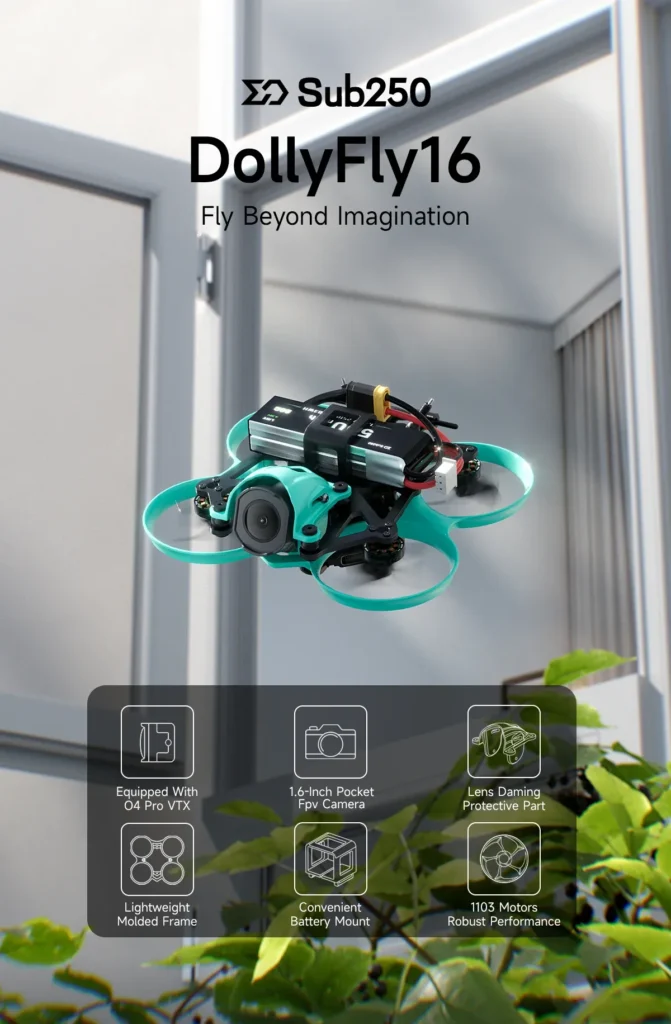 Sub250 DollyFly16 1.6-inch HD O4 Pro 2S ELRS 2.4G Whoop 2 Sub250 DollyFly16 1.6-inch HD O4 Pro 2S ELRS 2.4G Whoop en vista lateral
