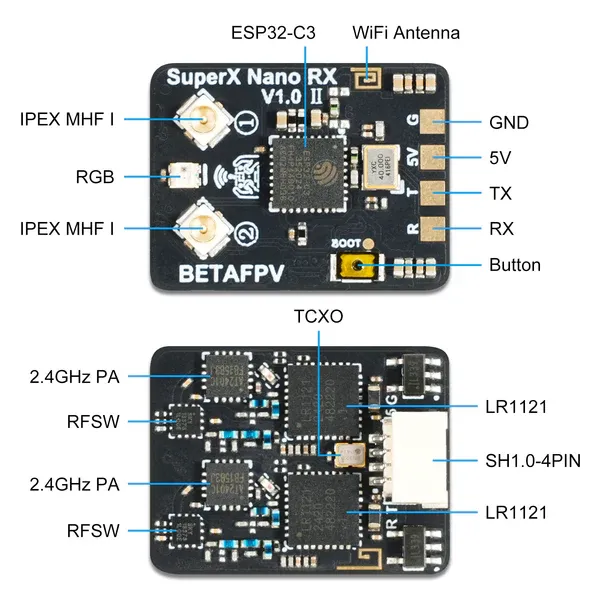 Receptor BETAFPV SuperX ELRS Gemini Xross Nano (ELRS 2.4G+915M) 9 Vista superior del receptor BETAFPV SuperX Nano con antenas